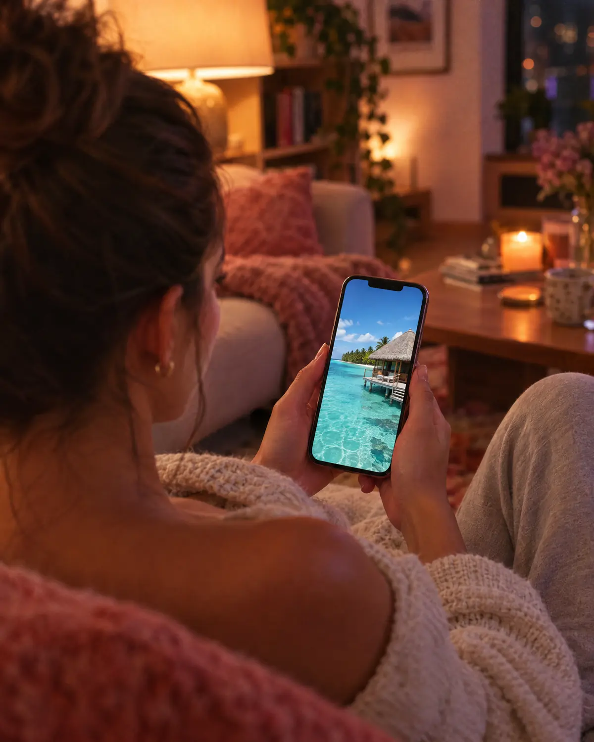 A woman on her sofa at night scrolling through photos of a lagoon villa on her phone
