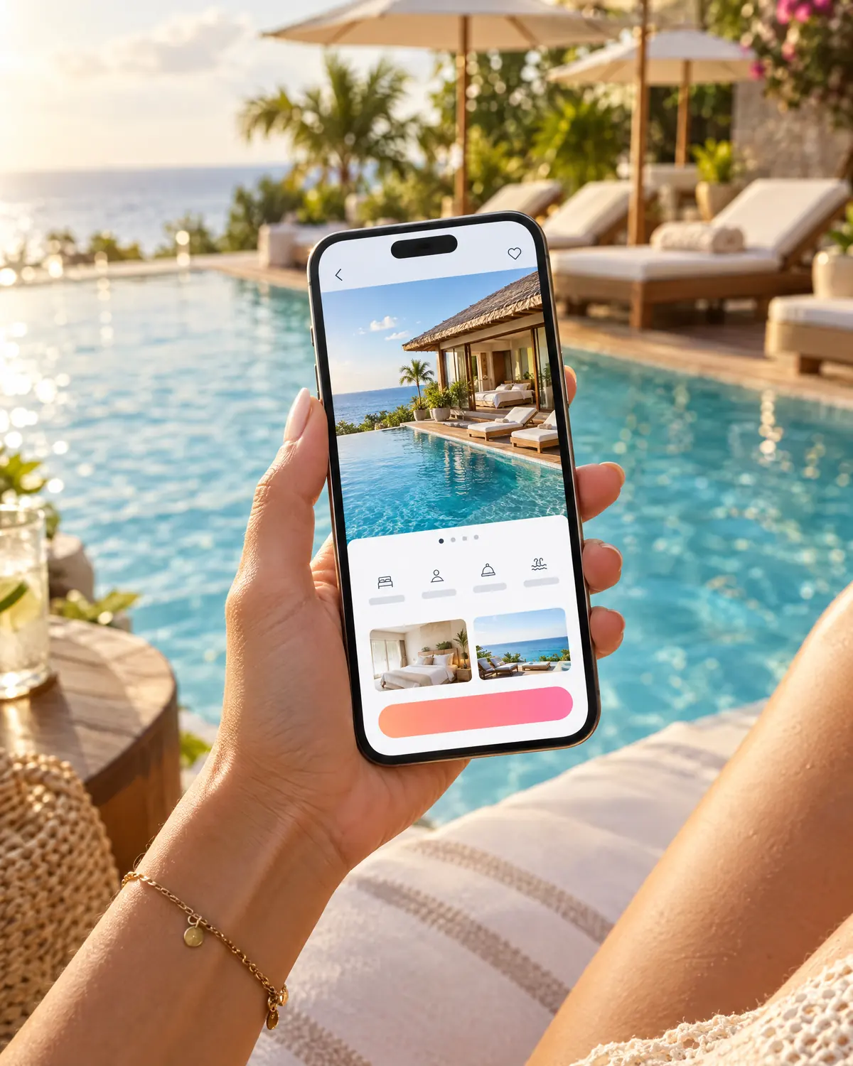 A hotel booking app on a phone held by a resort pool