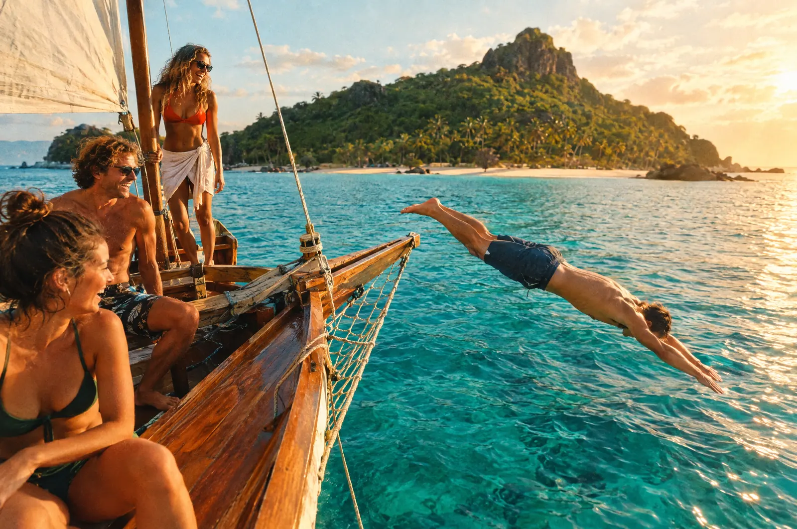 Friends on a wooden sailboat in turquoise water, one diving off the bow