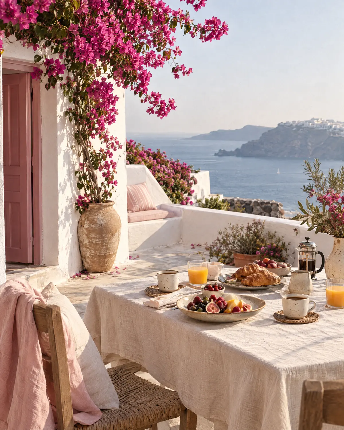 Breakfast on a villa terrace with magenta bougainvillea and a sea view